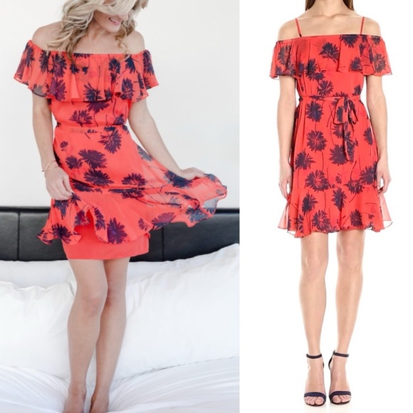 NWT Donna Morgan Belted Trapeze Dress W/Ruffle Cold Shoulder Size 14 Floral - Picture 1 of 15